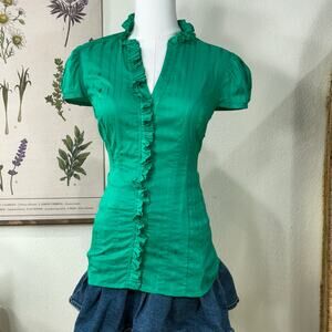 Y2k Express Kelly Green Pinstripe Ruffle Blouse Top New Preppy Corpcore S
